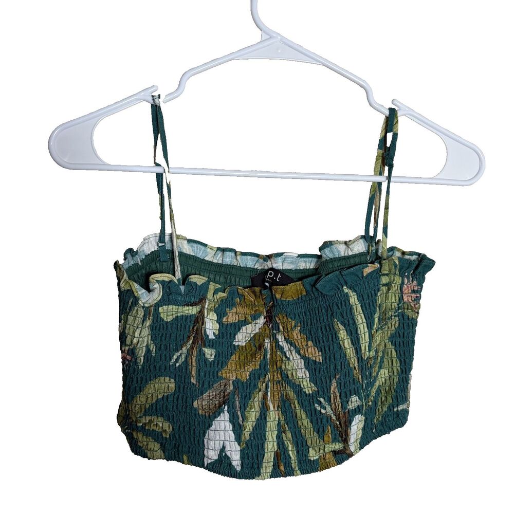 Opt Tank Top Women's Medium Green Floral Cropped Sleeveless Boho Casual